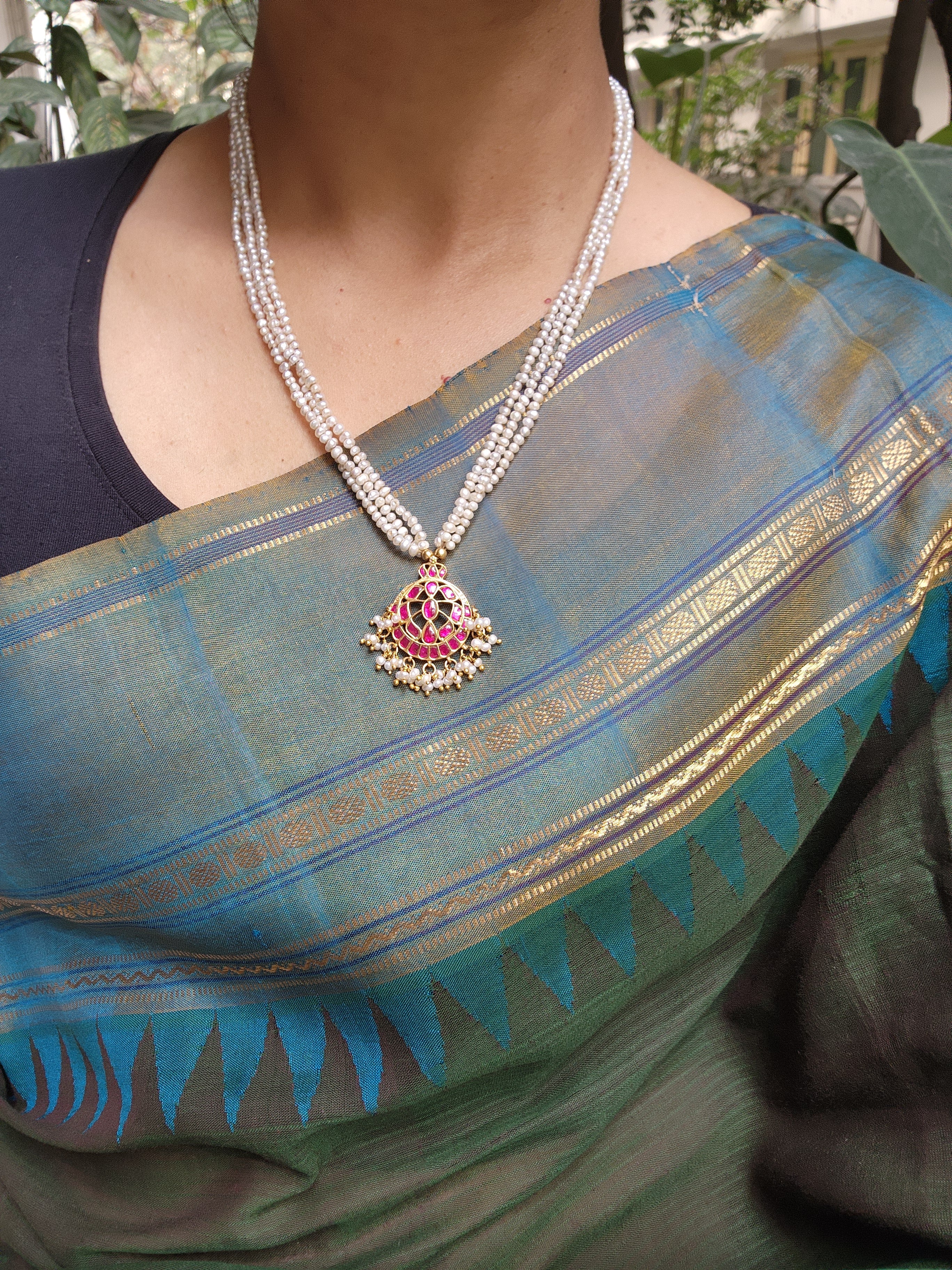 Pearls mala with ruby chand kundan-Silver Neckpiece-PL-House of Taamara