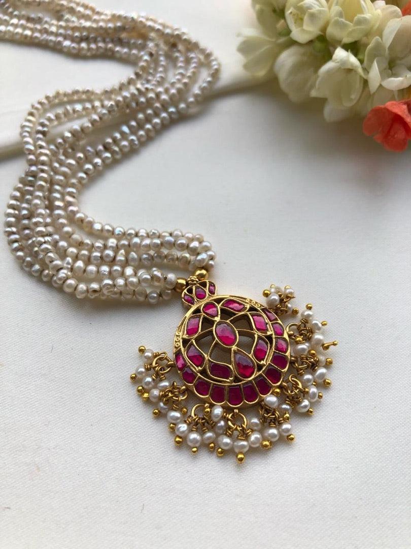 Pearls mala with ruby chand kundan-Silver Neckpiece-PL-House of Taamara