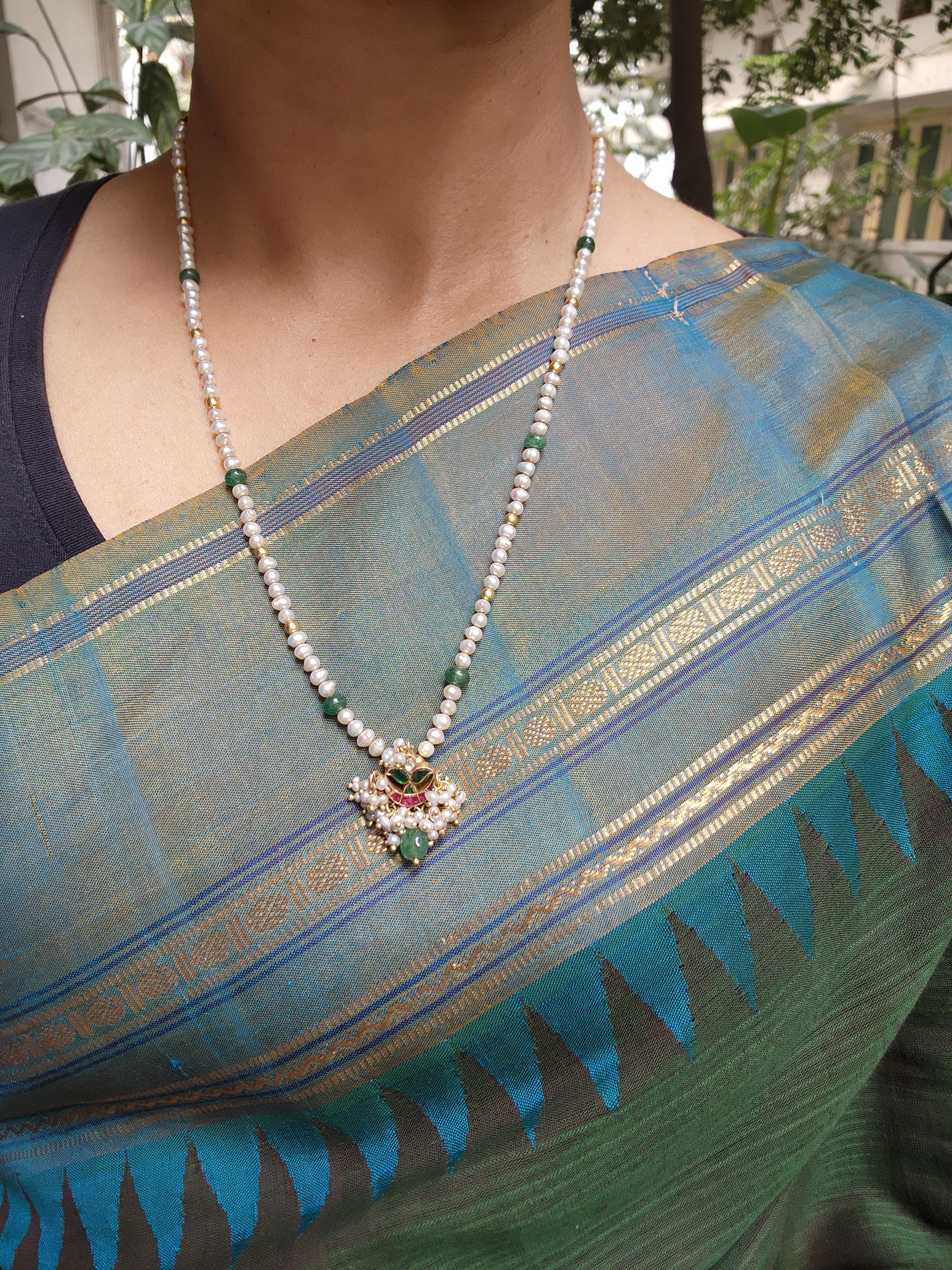 Pearls mala with ruby & green chand kundan-Silver Neckpiece-PL-House of Taamara