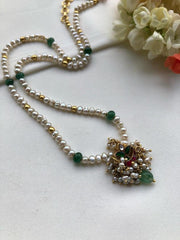 Pearls mala with ruby & green chand kundan-Silver Neckpiece-PL-House of Taamara