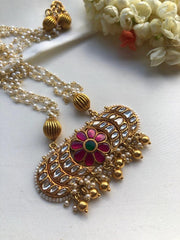 Pearls mala with ruby kundan flower pendant-Silver Neckpiece-pl-House of Taamara