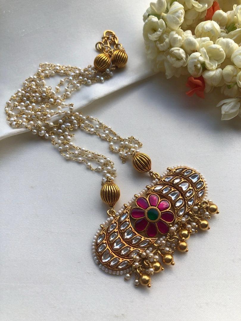 Pearls mala with ruby kundan flower pendant-Silver Neckpiece-pl-House of Taamara