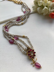 Pearls mala with ruby pendant-Silver Neckpiece-PL-House of Taamara