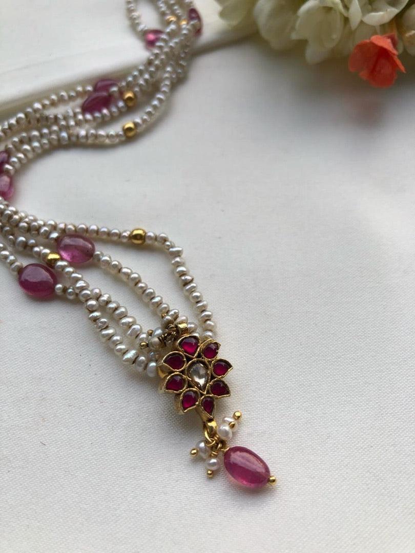 Pearls mala with ruby pendant-Silver Neckpiece-PL-House of Taamara