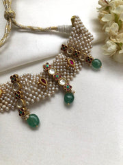 Pearls patti choker with kundan & green beads-Silver Neckpiece-PL-House of Taamara