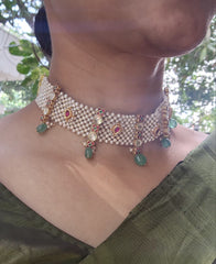 Pearls patti choker with kundan & green beads-Silver Neckpiece-PL-House of Taamara