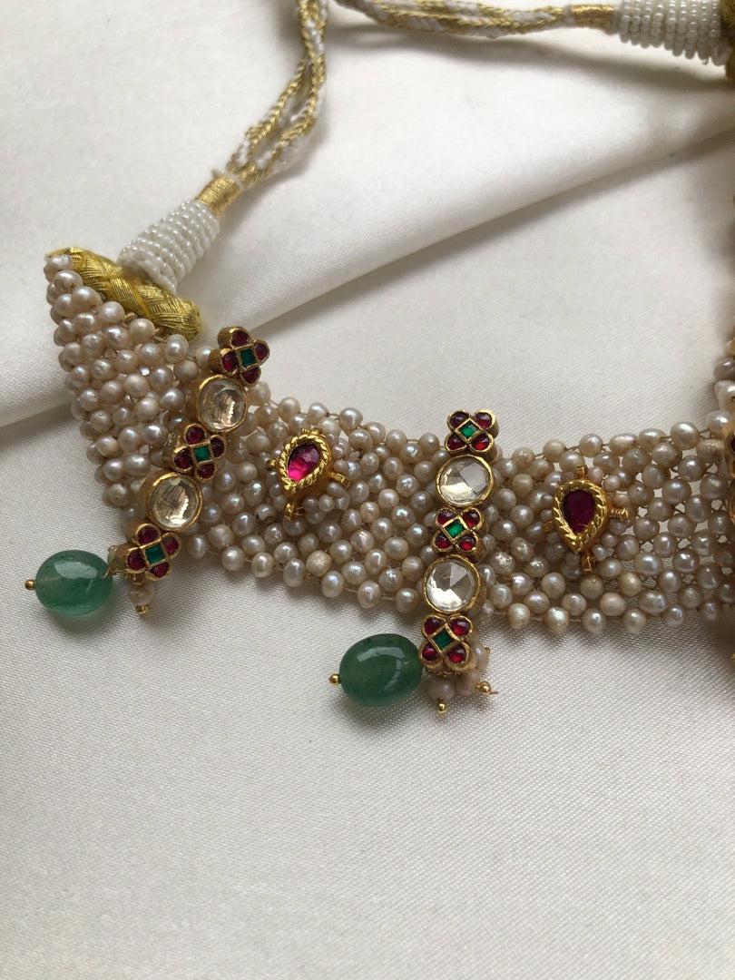 Pearls patti choker with kundan & green beads-Silver Neckpiece-PL-House of Taamara