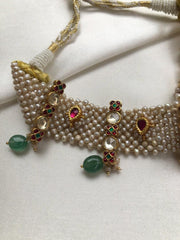 Pearls patti choker with kundan & green beads-Silver Neckpiece-PL-House of Taamara