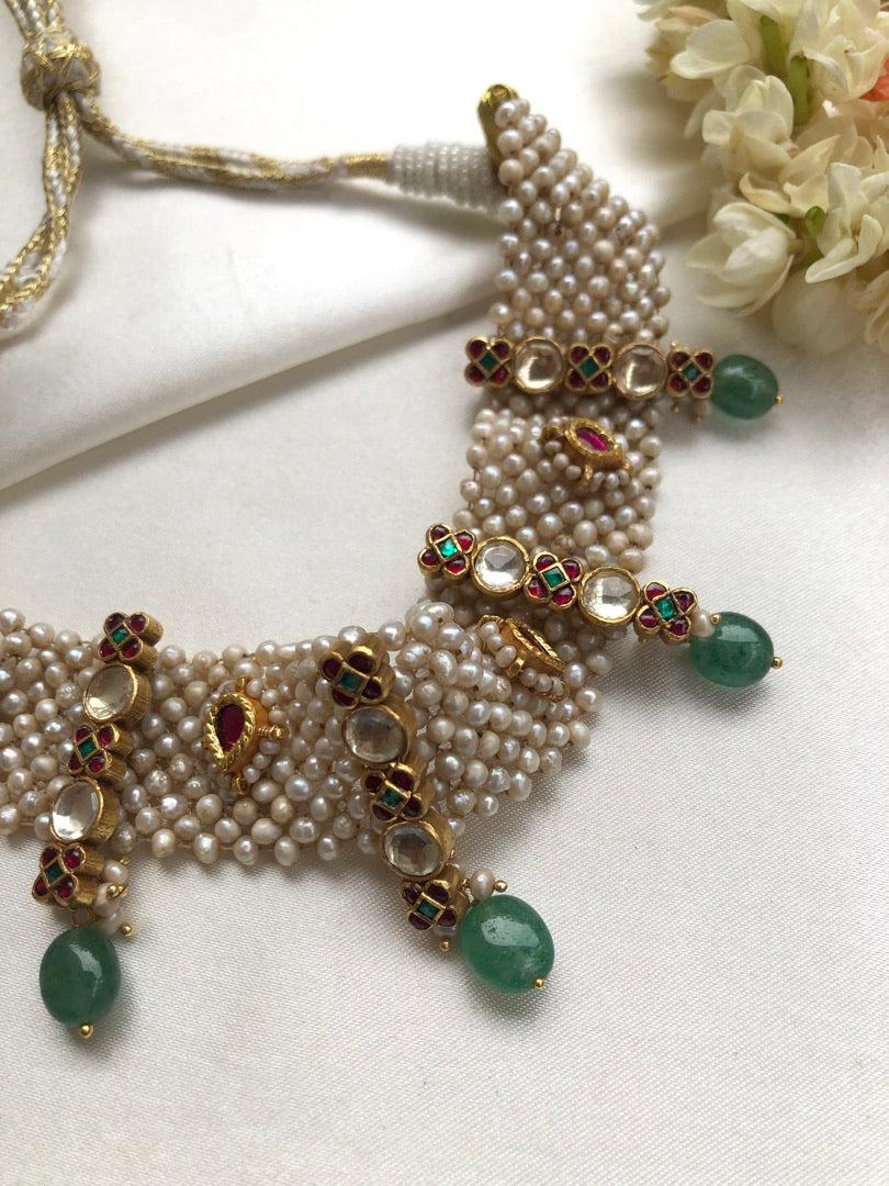 Pearls patti choker with kundan & green beads-Silver Neckpiece-PL-House of Taamara