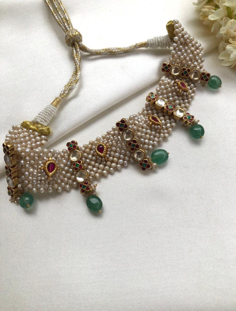 Pearls patti choker with kundan & green beads-Silver Neckpiece-PL-House of Taamara