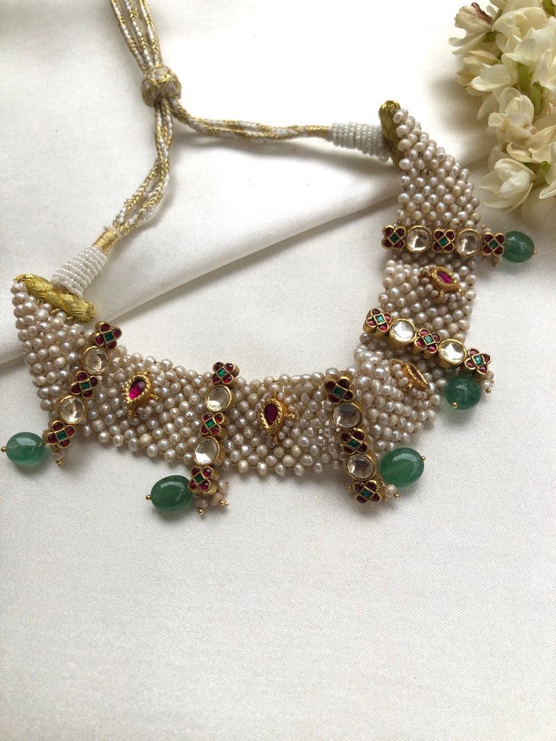 Pearls patti choker with kundan & green beads-Silver Neckpiece-PL-House of Taamara