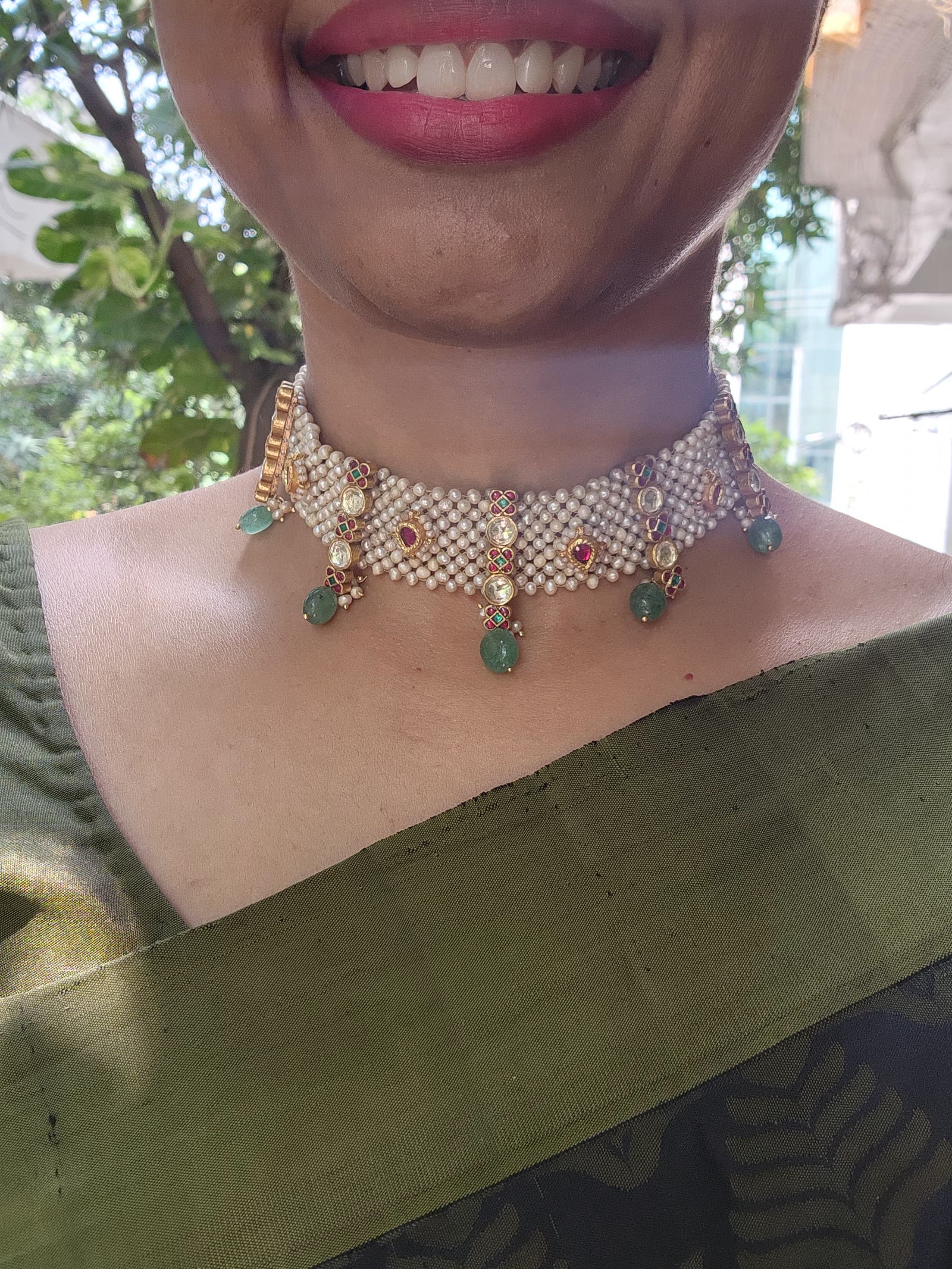 Pearls patti choker with kundan & green beads-Silver Neckpiece-PL-House of Taamara