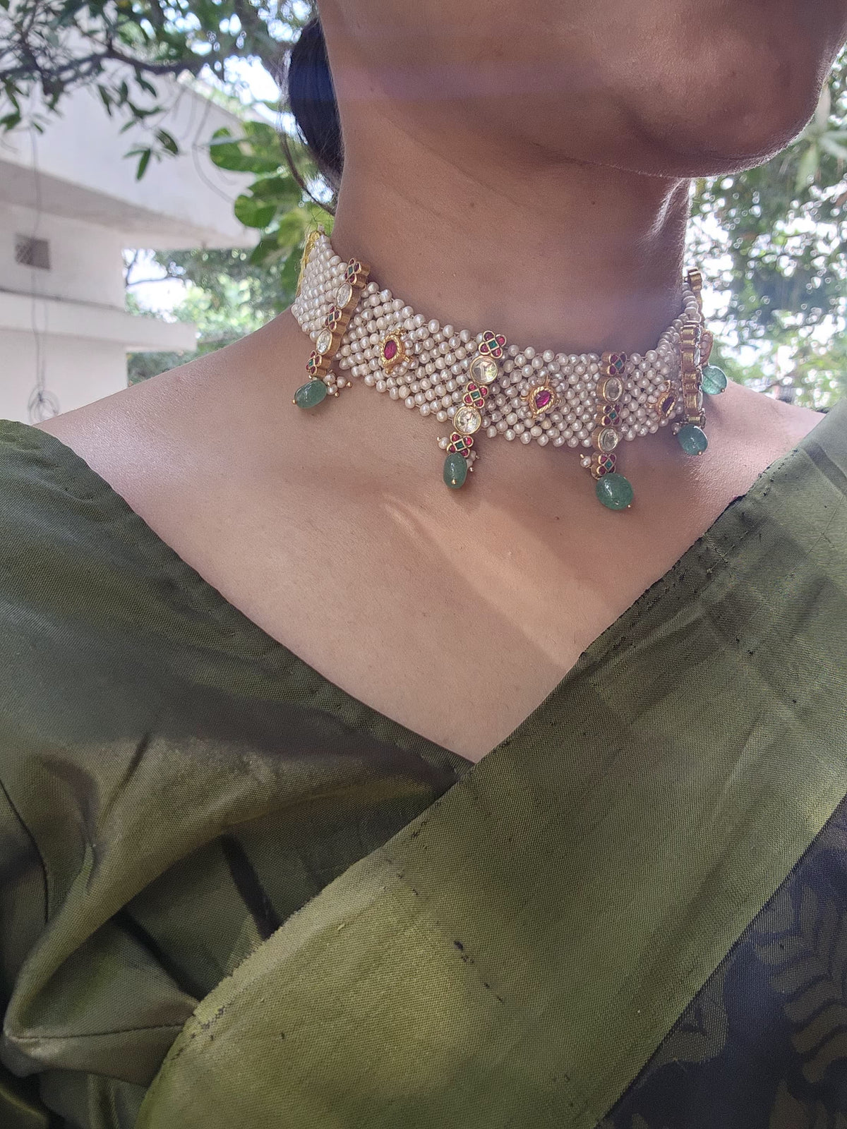 Pearls patti choker with kundan & green beads-Silver Neckpiece-PL-House of Taamara