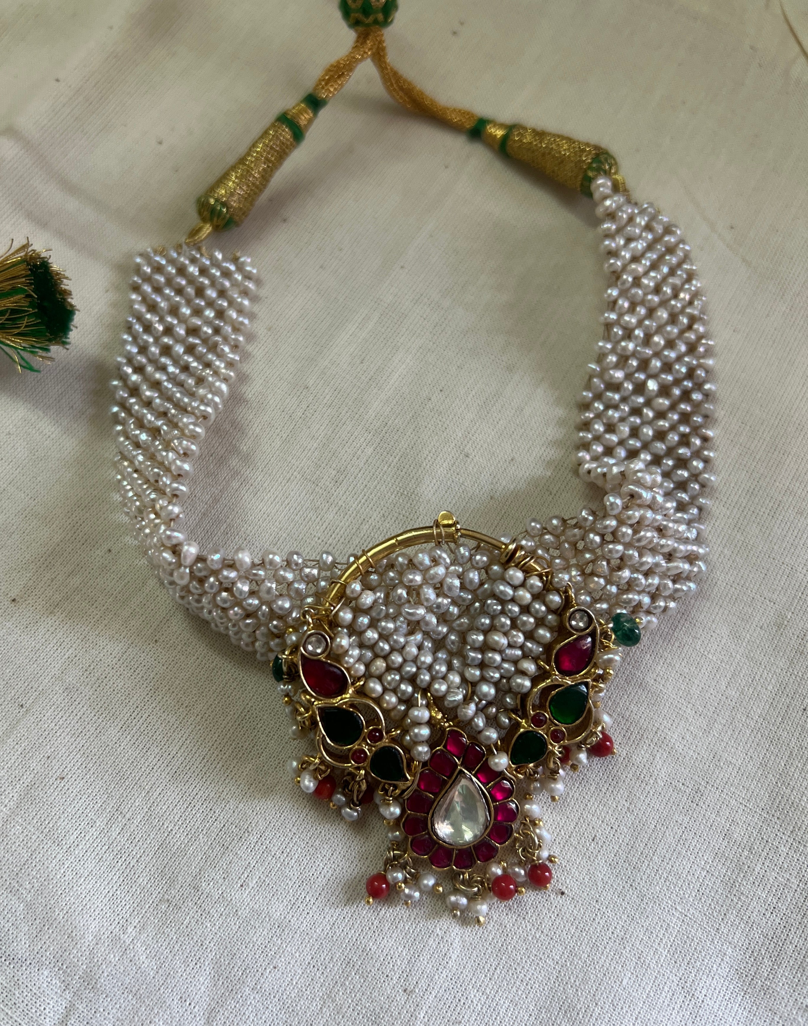 Pearls patti with nath style choker-Silver Neckpiece-PL-House of Taamara