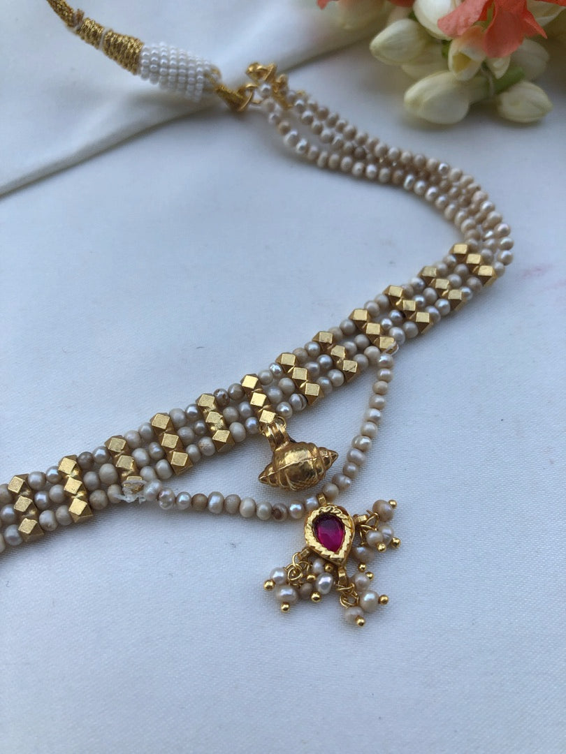 Pearls & ruby small choker-Silver Neckpiece-PL-House of Taamara