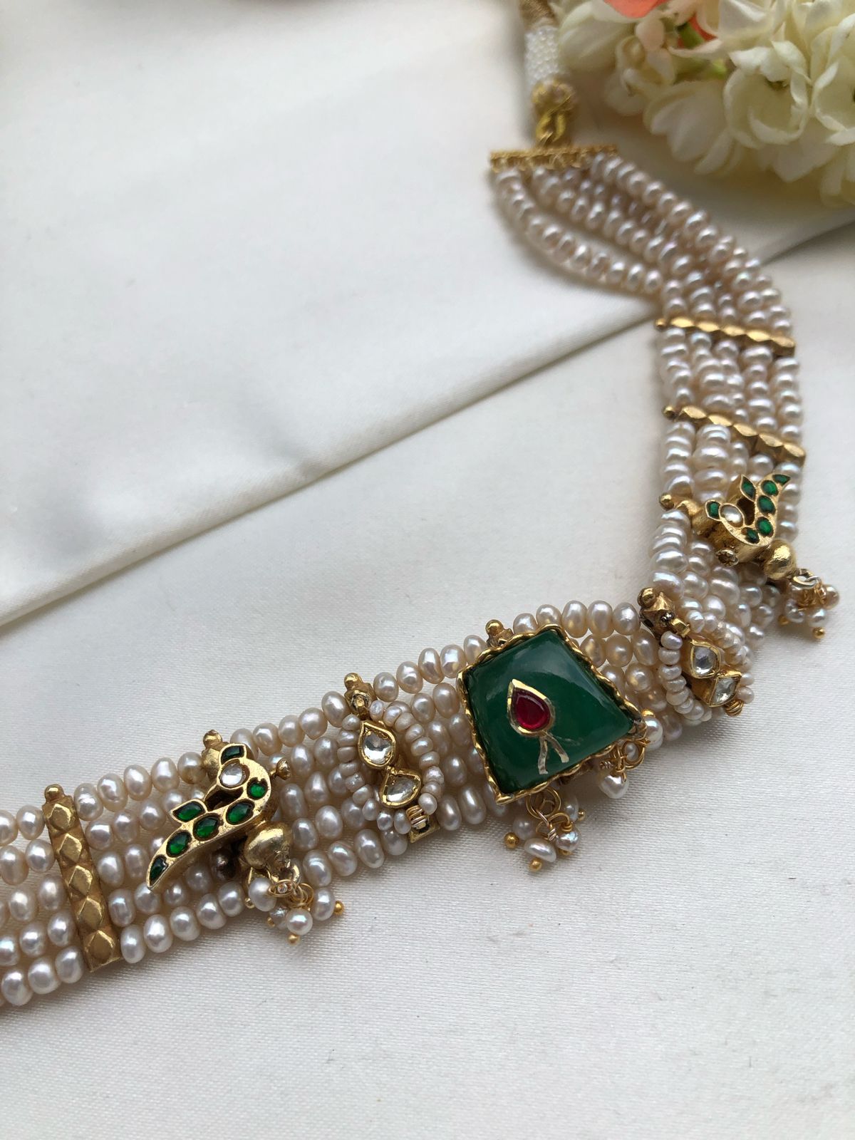 Pearls with green agate stone and antique motifs choker-Silver Neckpiece-PL-House of Taamara