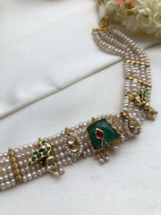 Pearls with green agate stone and antique motifs choker-Silver Neckpiece-PL-House of Taamara