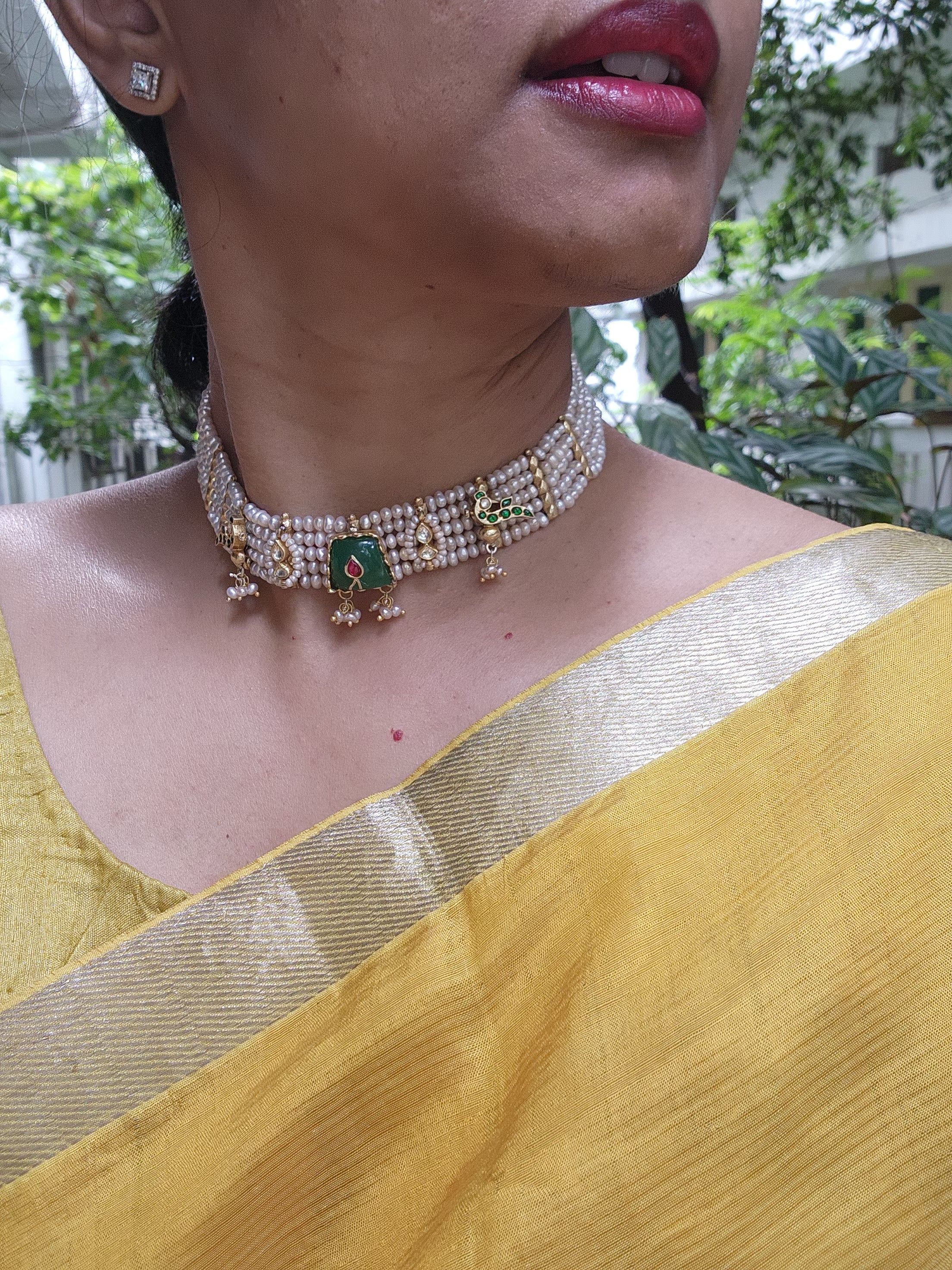 Pearls with green agate stone and antique motifs choker-Silver Neckpiece-PL-House of Taamara