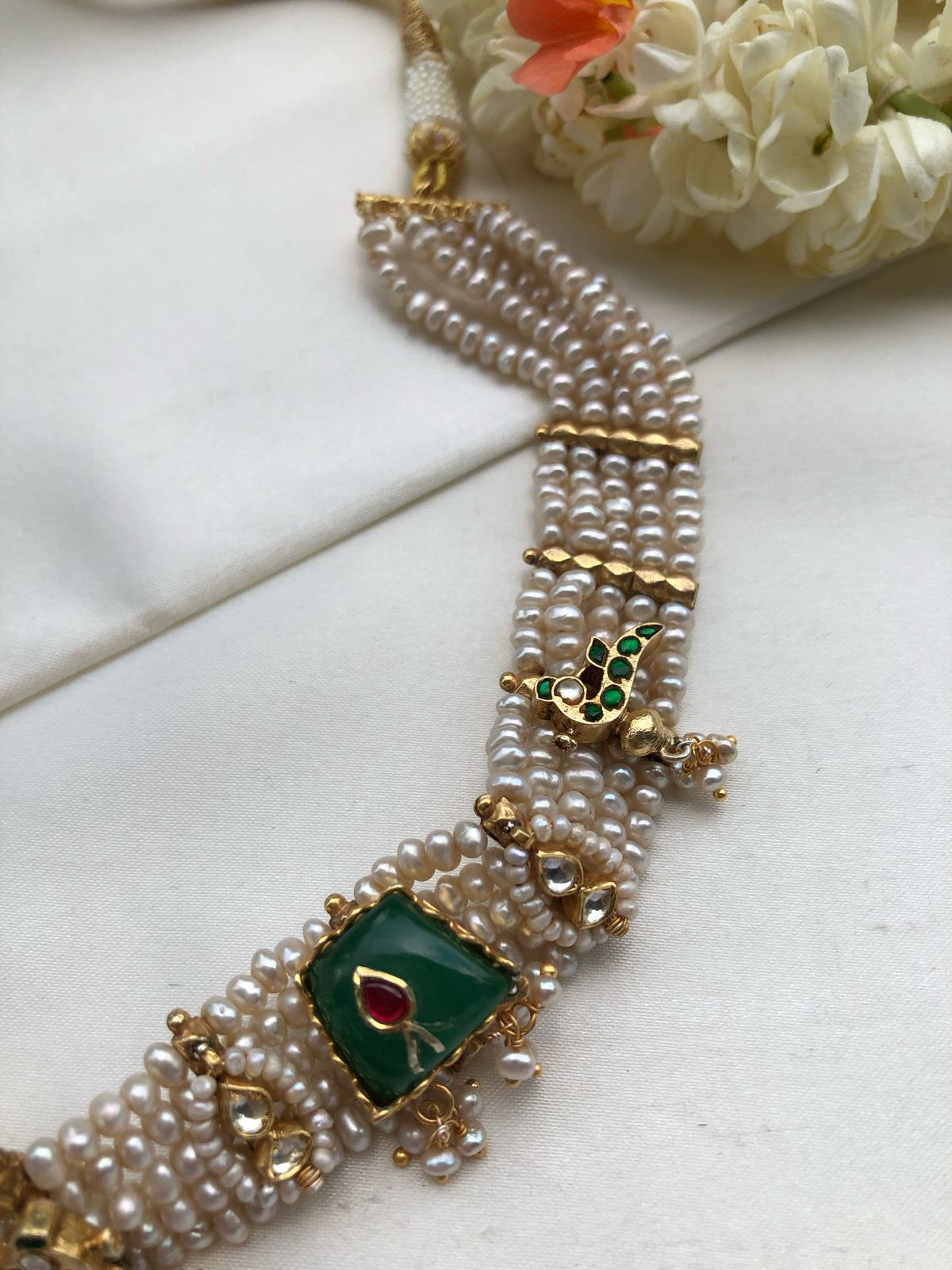 Pearls with green agate stone and antique motifs choker-Silver Neckpiece-PL-House of Taamara