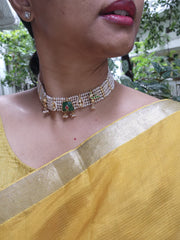 Pearls with green agate stone and antique motifs choker-Silver Neckpiece-PL-House of Taamara