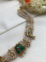 Pearls with green agate stone and antique motifs choker-Silver Neckpiece-PL-House of Taamara
