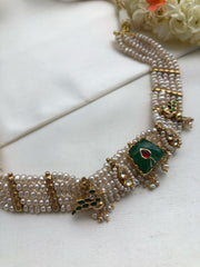 Pearls with green agate stone and antique motifs choker-Silver Neckpiece-PL-House of Taamara