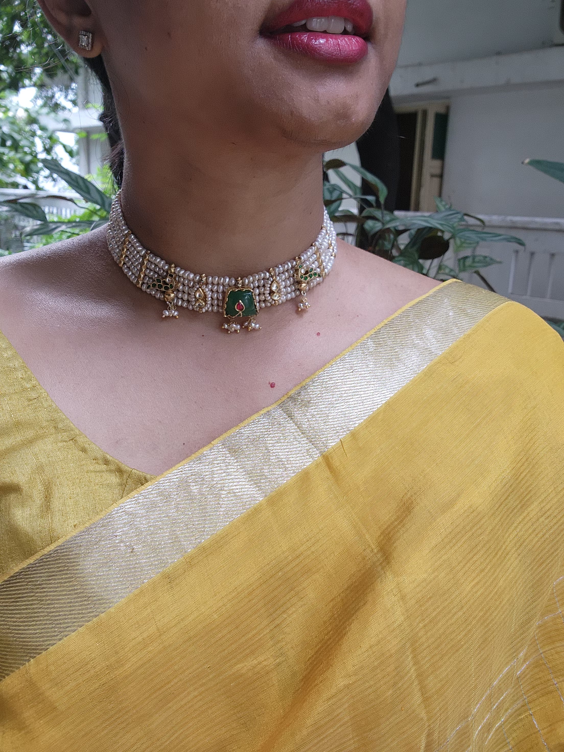 Pearls with green agate stone and antique motifs choker-Silver Neckpiece-PL-House of Taamara
