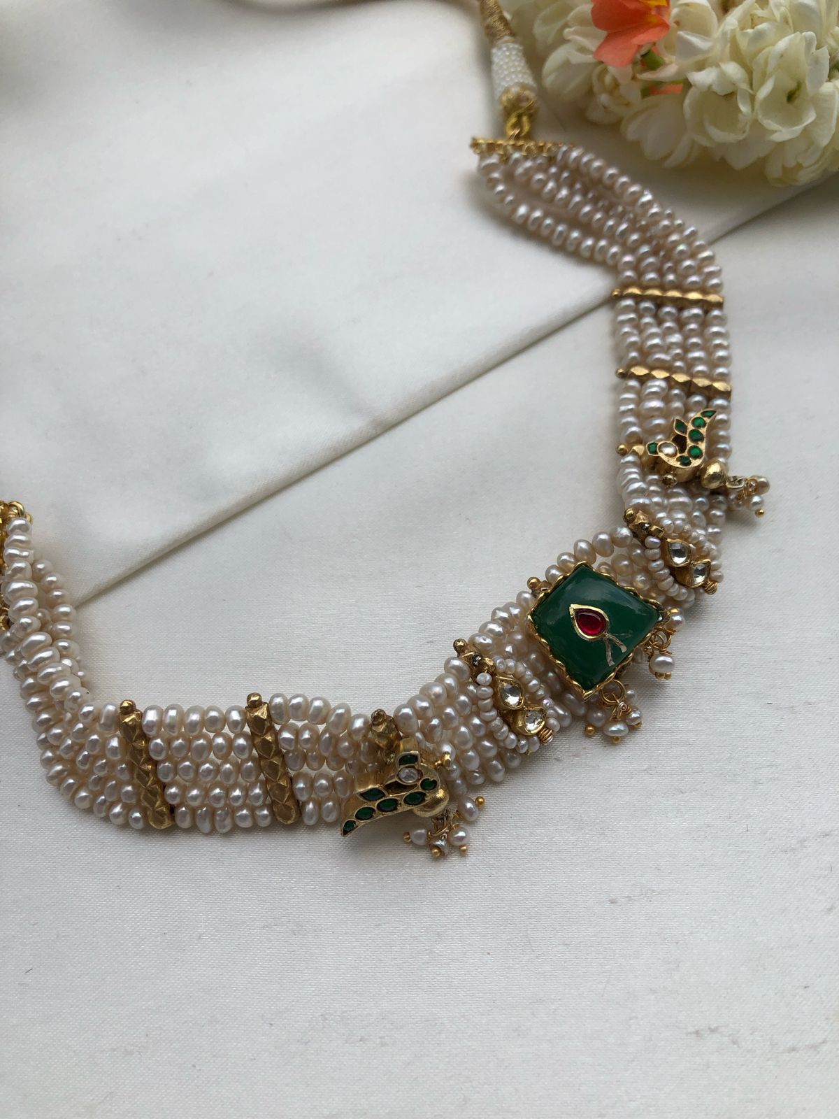 Pearls with green agate stone and antique motifs choker-Silver Neckpiece-PL-House of Taamara