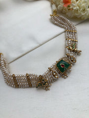 Pearls with green agate stone and antique motifs choker-Silver Neckpiece-PL-House of Taamara