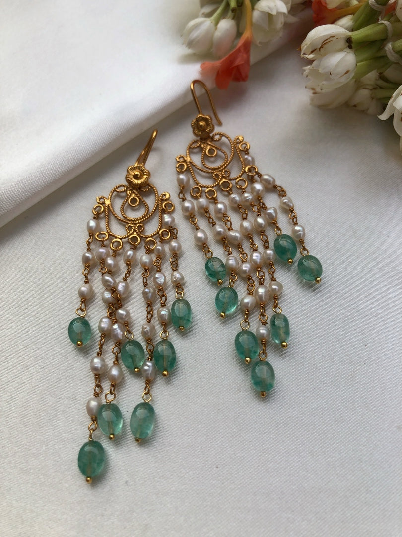 Pearls with green bead hangings-Earrings-PL-House of Taamara