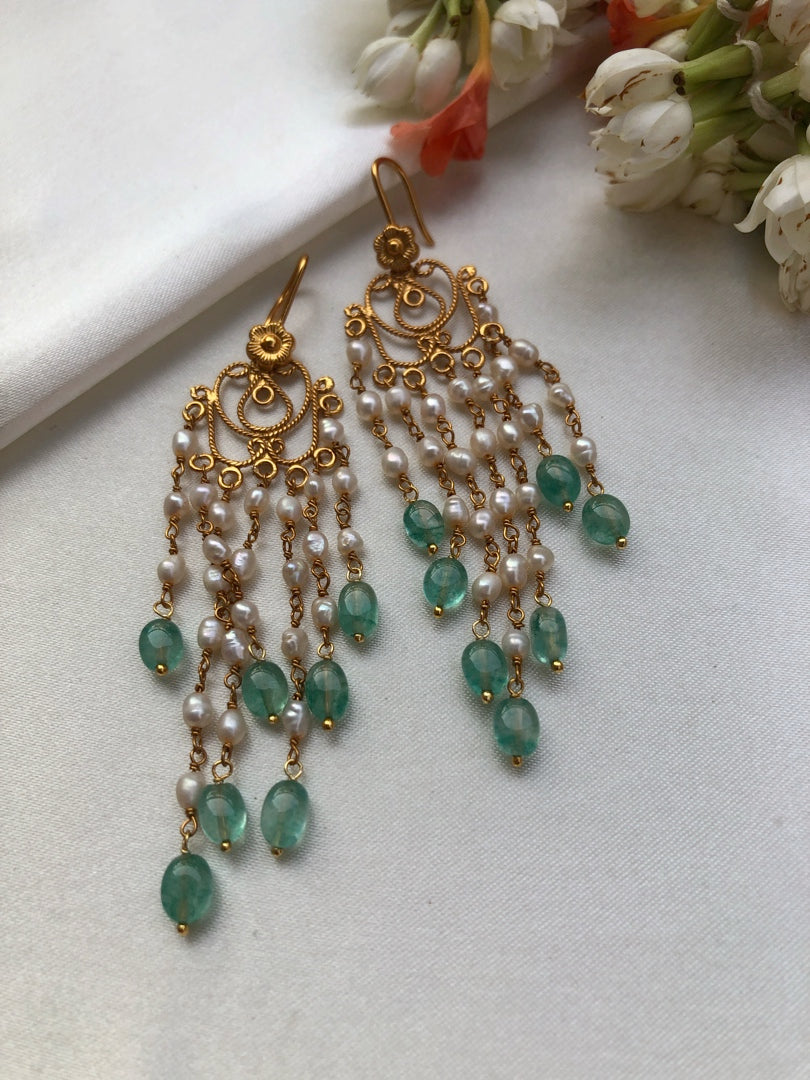 Pearls with green bead hangings-Earrings-PL-House of Taamara