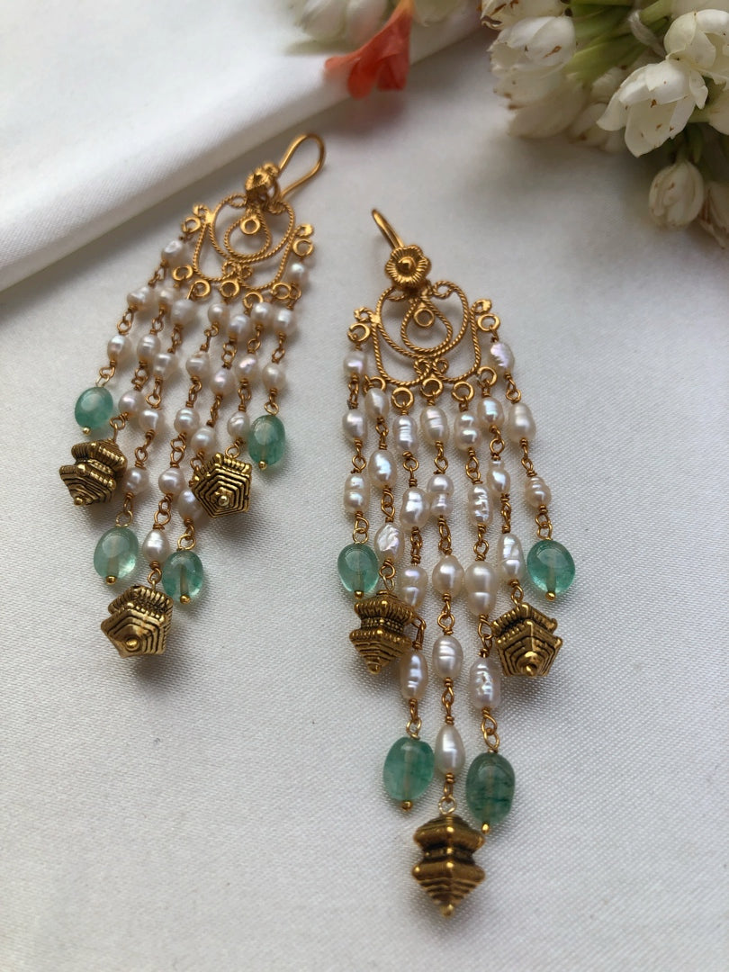 Pearls with green beads & antique style bead hangings-Earrings-PL-House of Taamara