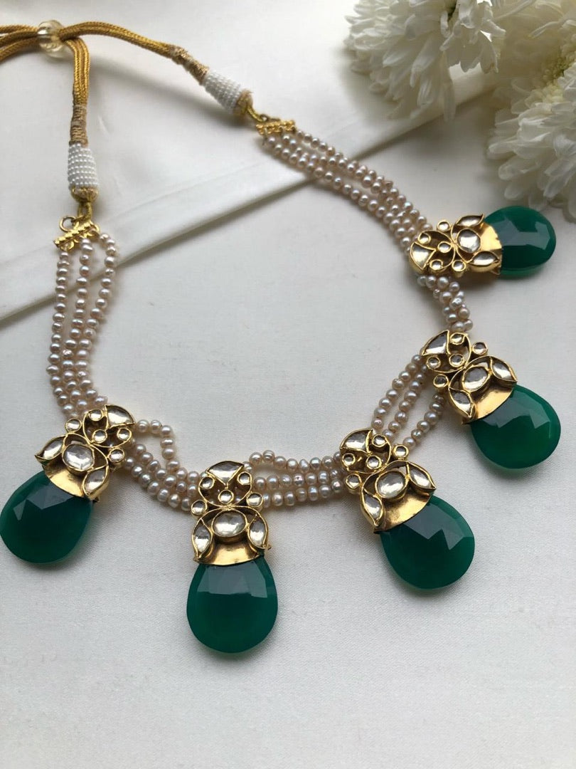 Pearls with kundan & emerald statement necklace-Silver Neckpiece-PL-House of Taamara