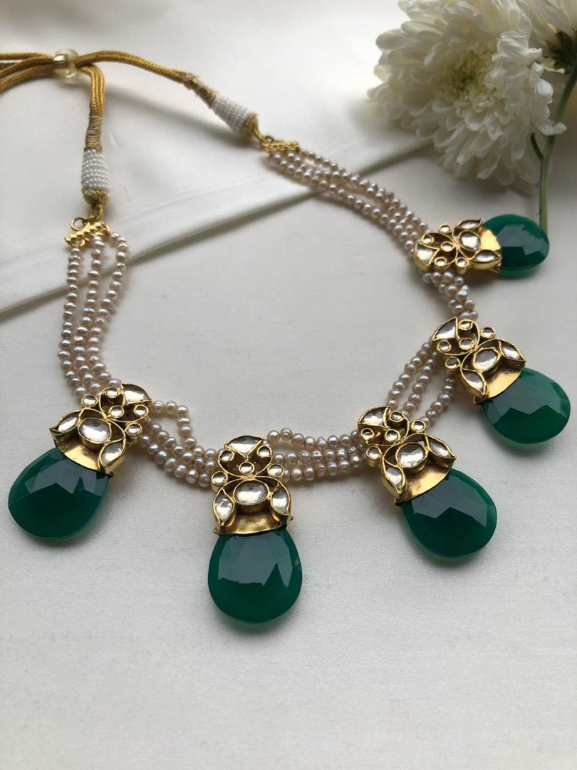 Pearls with kundan & emerald statement necklace-Silver Neckpiece-PL-House of Taamara