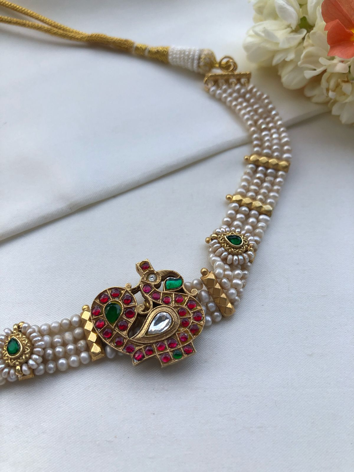 Pearls with kundan peacock-Silver Neckpiece-PL-House of Taamara