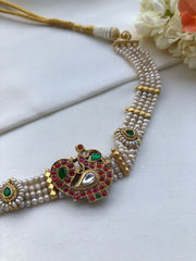 Pearls with kundan peacock-Silver Neckpiece-PL-House of Taamara
