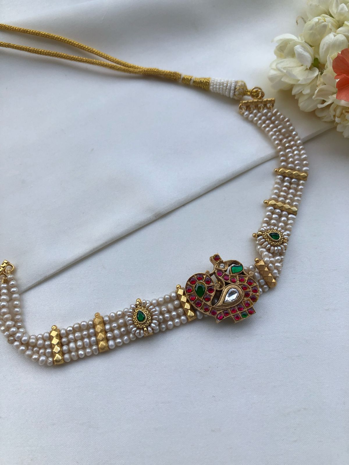 Pearls with kundan peacock-Silver Neckpiece-PL-House of Taamara