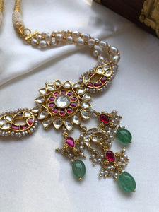 Pearls with kundan style & ruby choker with green beads-Silver Neckpiece-PL-House of Taamara