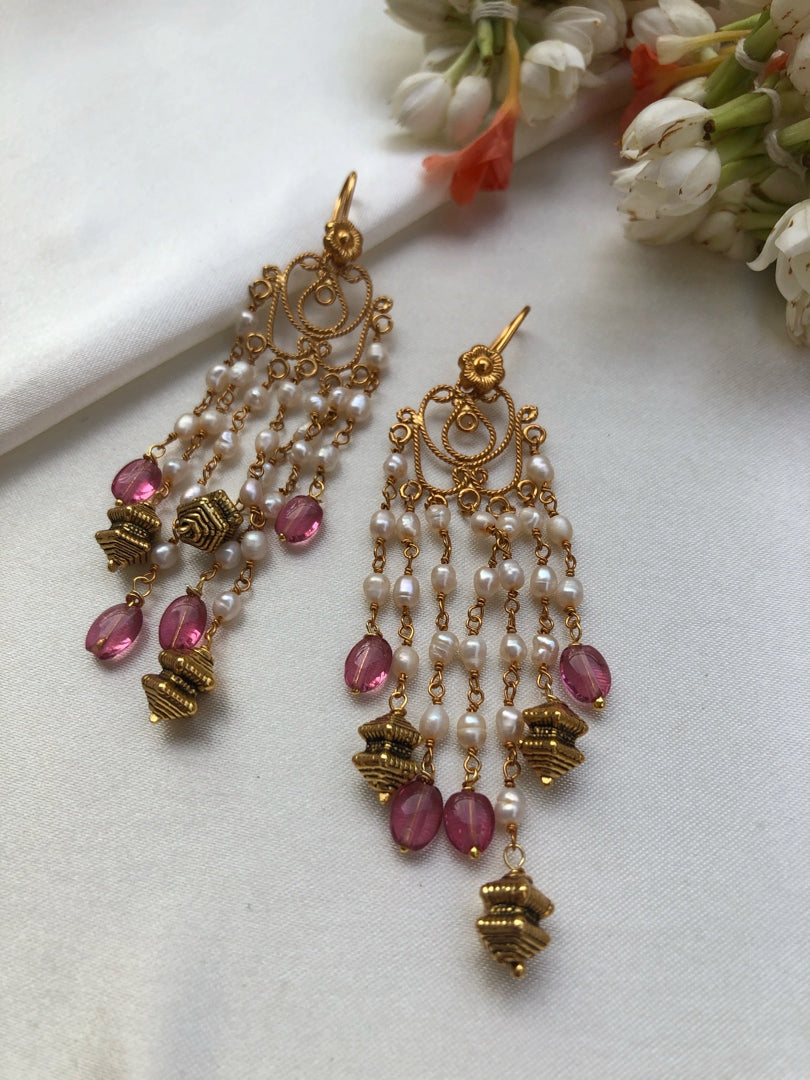 Pearls with pink beads & antique style bead hangings-Earrings-PL-House of Taamara