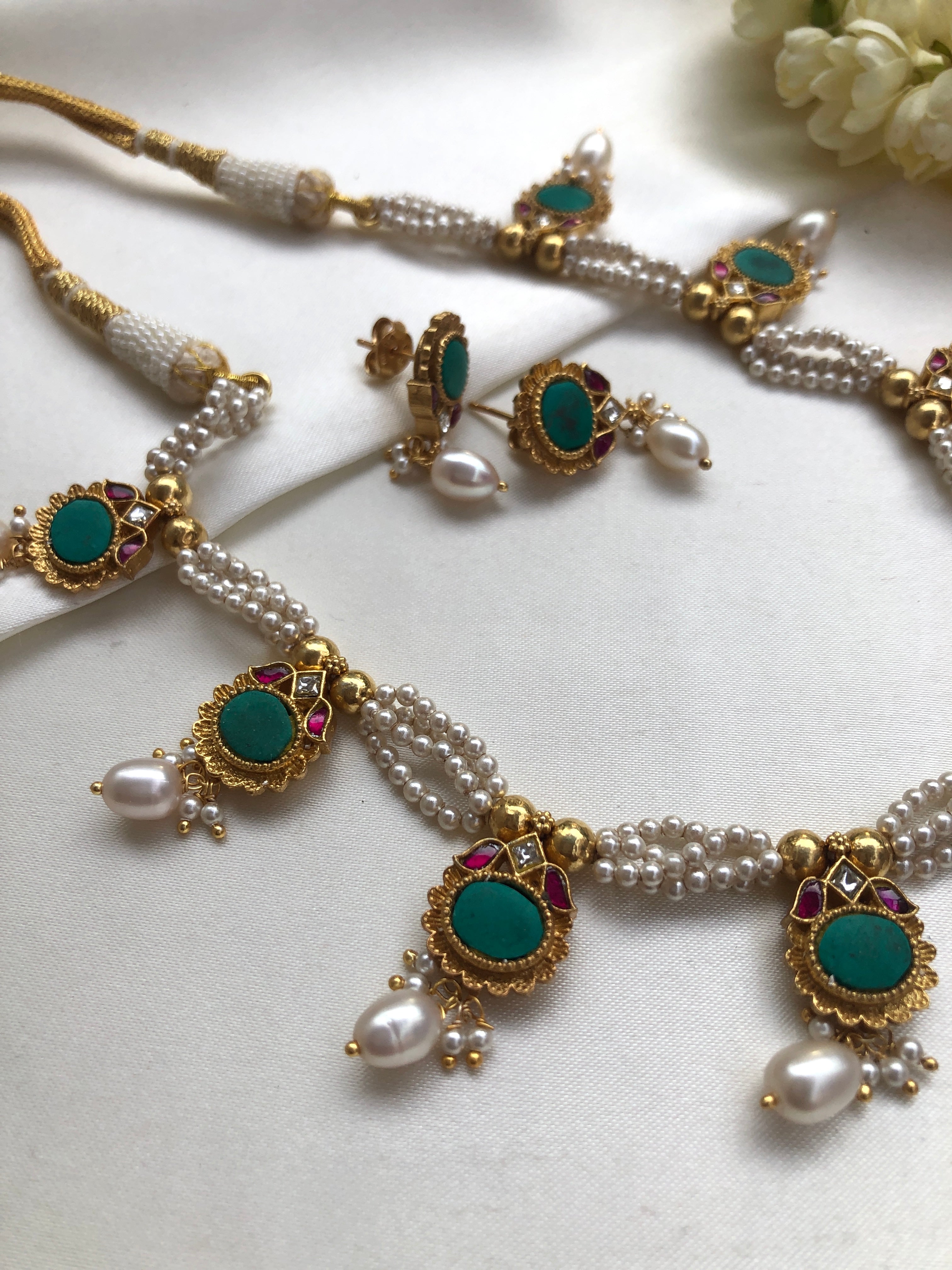 Pearls with turquoise & ruby kundans necklace with earrings, SET-Silver Neckpiece-PL-House of Taamara