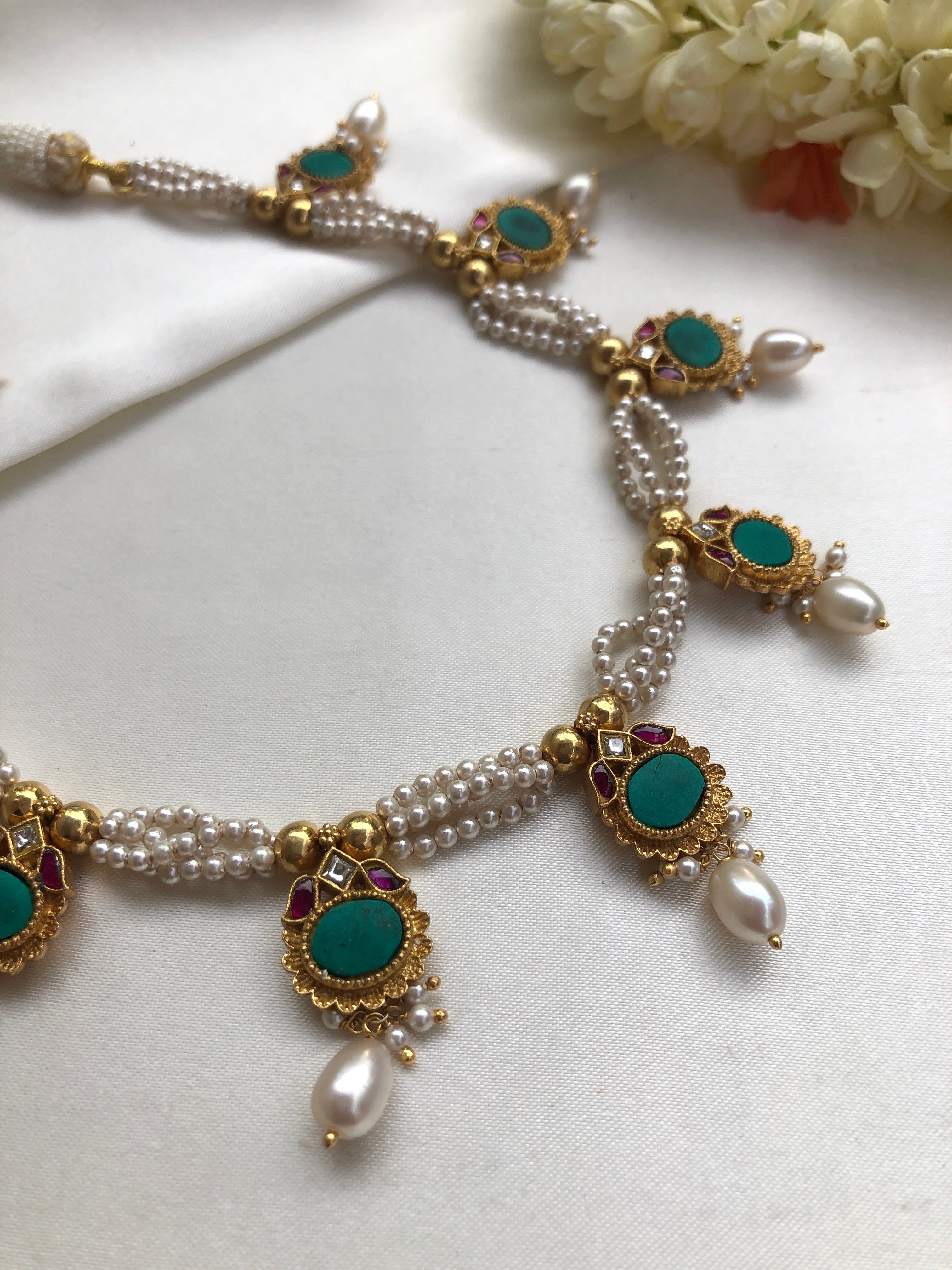 Pearls with turquoise & ruby kundans necklace with earrings, SET-Silver Neckpiece-PL-House of Taamara