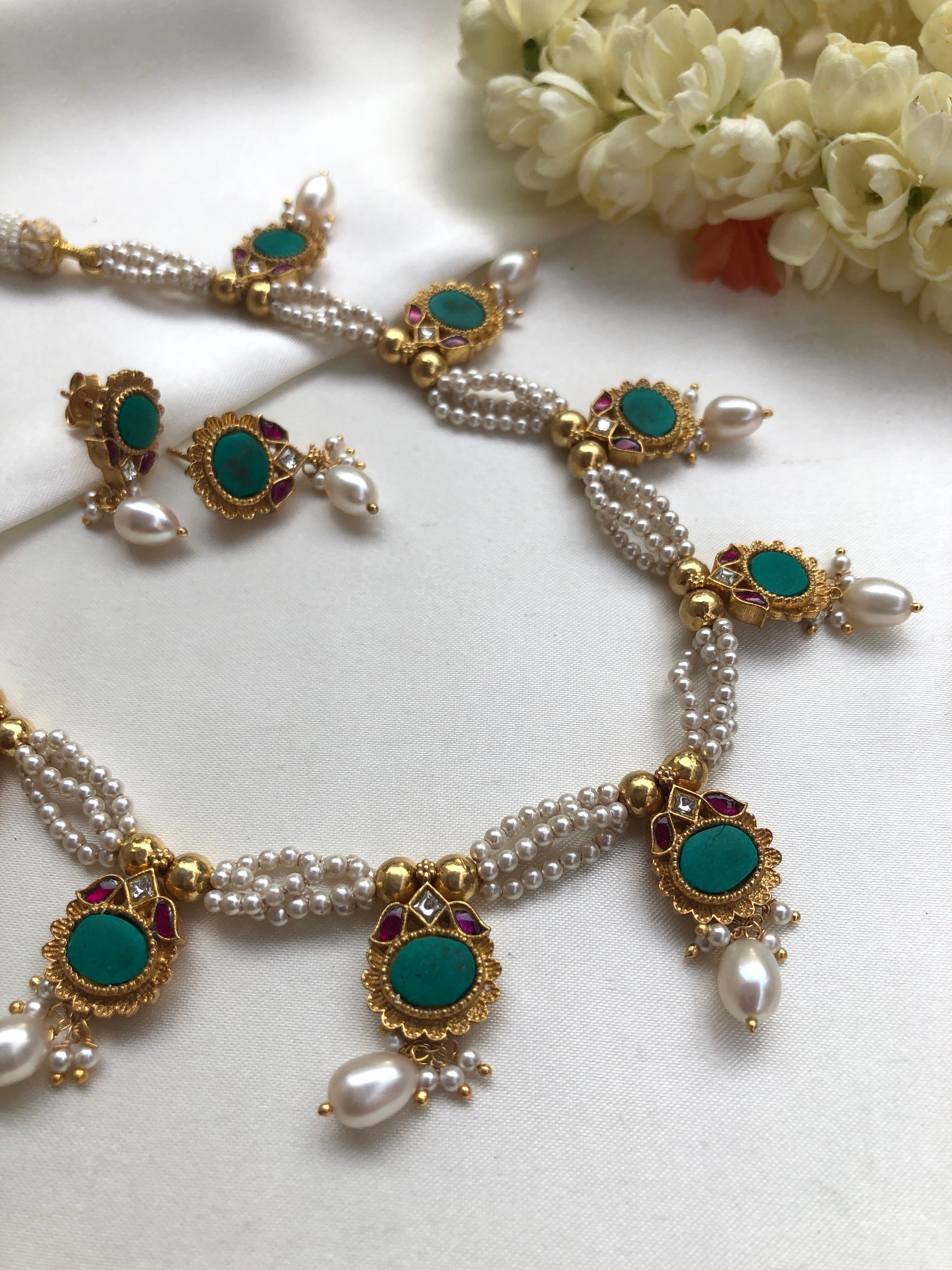 Pearls with turquoise & ruby kundans necklace with earrings, SET-Silver Neckpiece-PL-House of Taamara