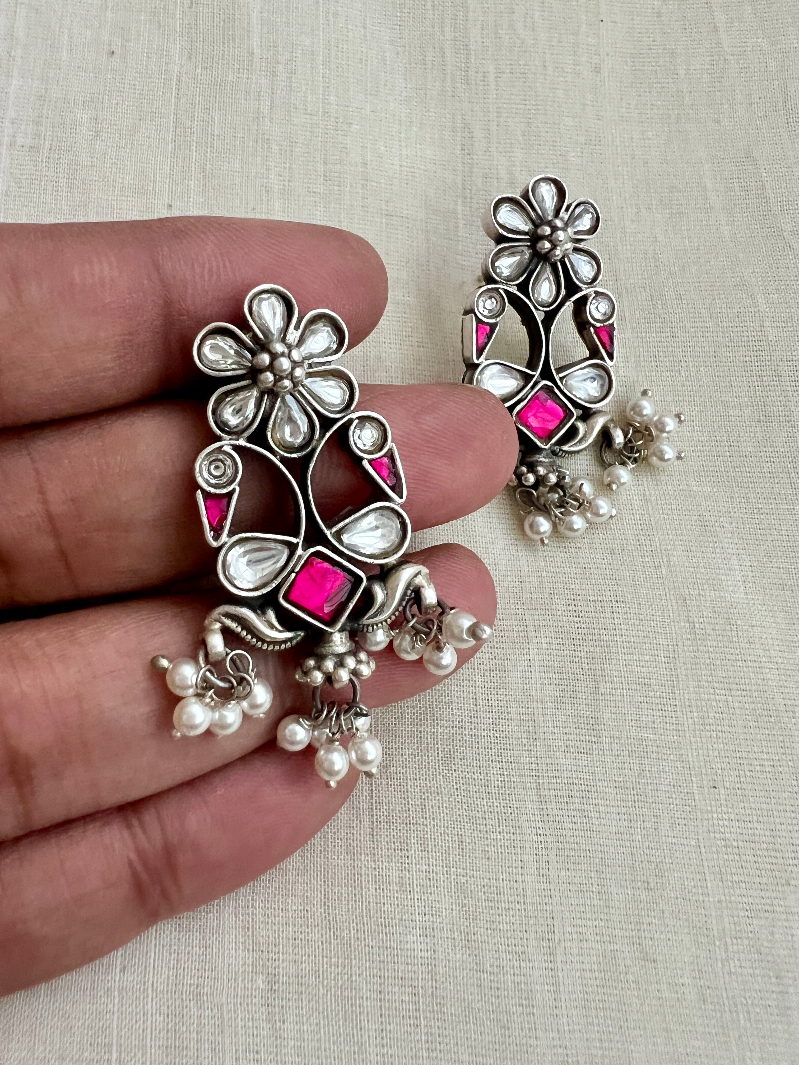 Pink and white kundan earrings with pearls-Earrings-CI-House of Taamara