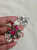 Pink, green and white kundan earrings with pearls-Earrings-CI-House of Taamara