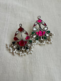 Pink, green and white kundan earrings with pearls-Earrings-CI-House of Taamara