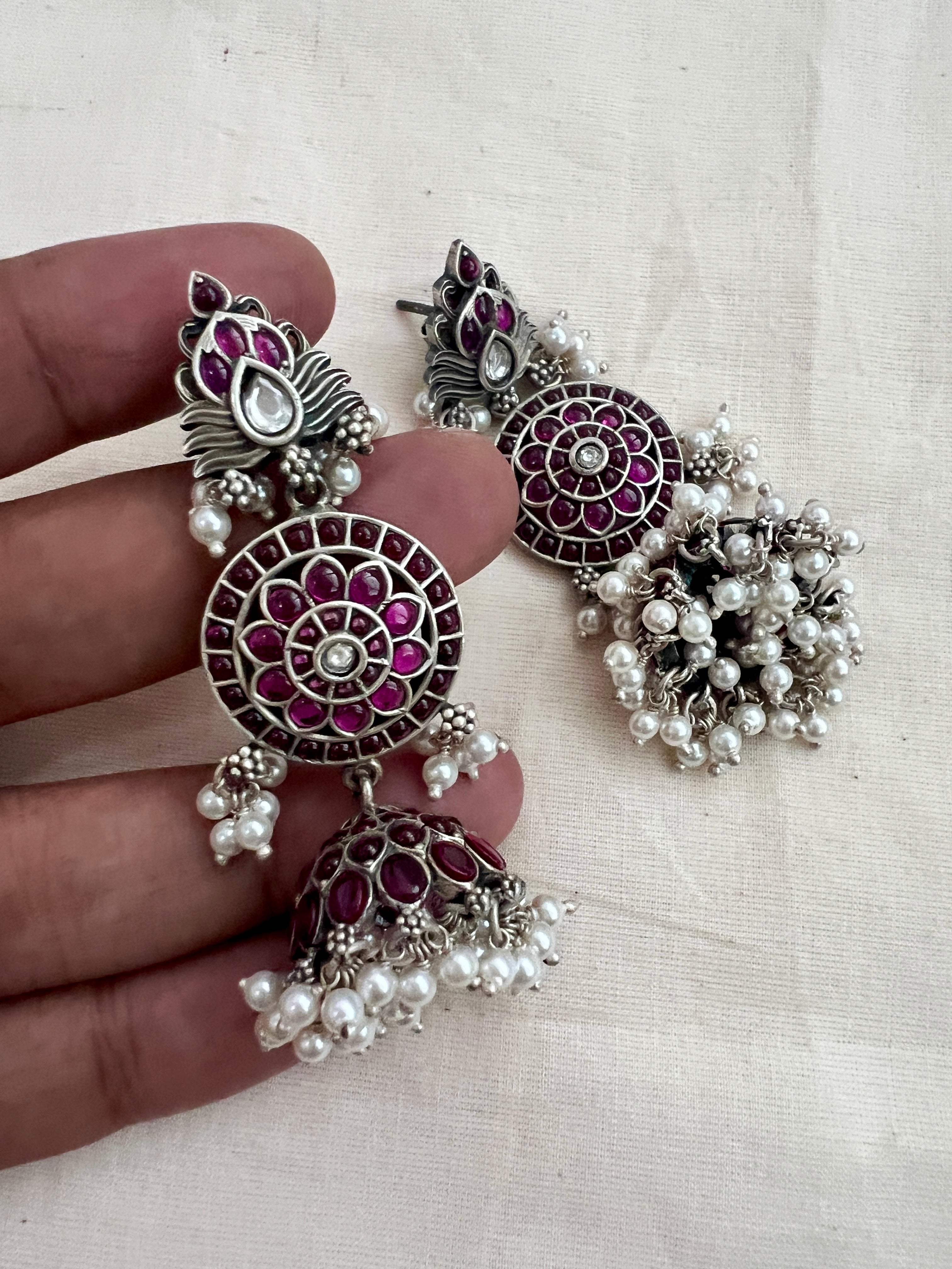 Pink kemp 3 step silver jhumkas with pearls-Earrings-CI-House of Taamara