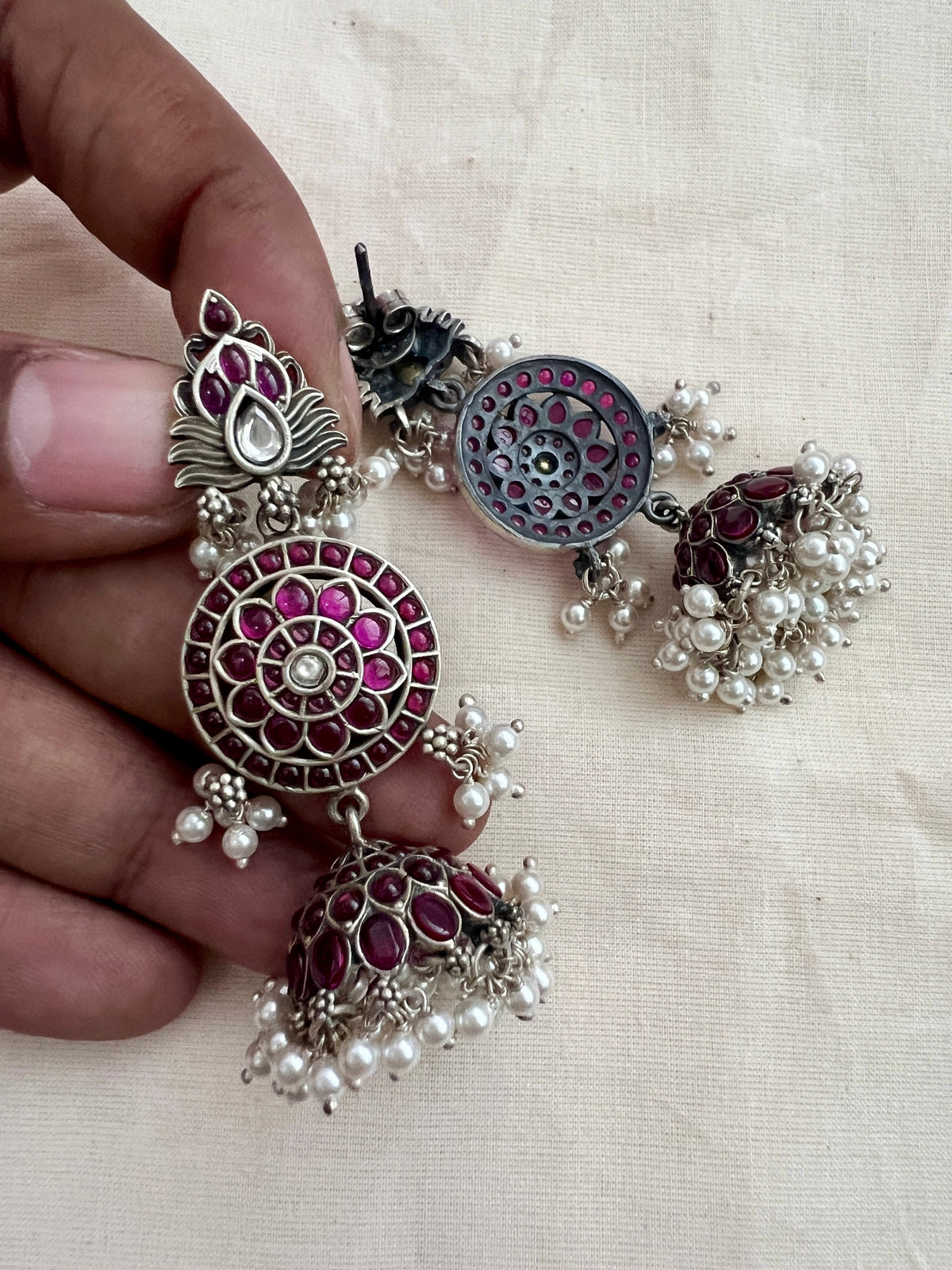 Pink kemp 3 step silver jhumkas with pearls-Earrings-CI-House of Taamara