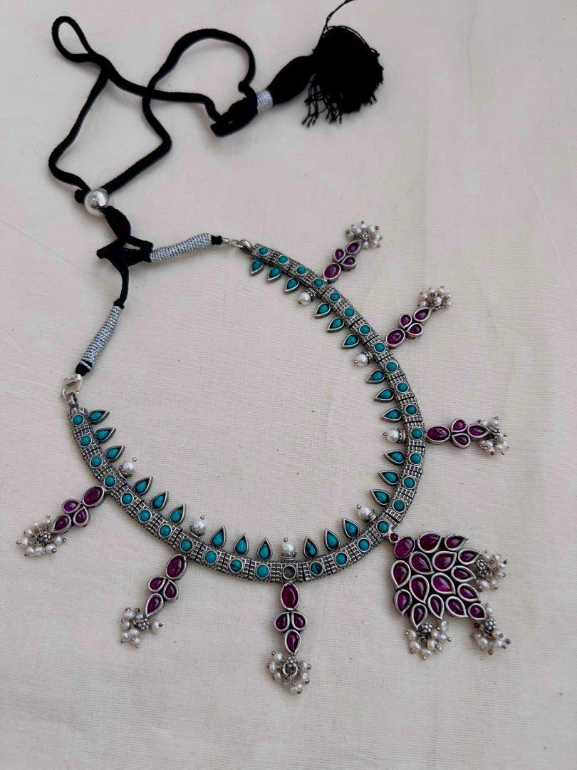 Pink kemp and turquoise necklace with pearls-Silver Neckpiece-CI-House of Taamara