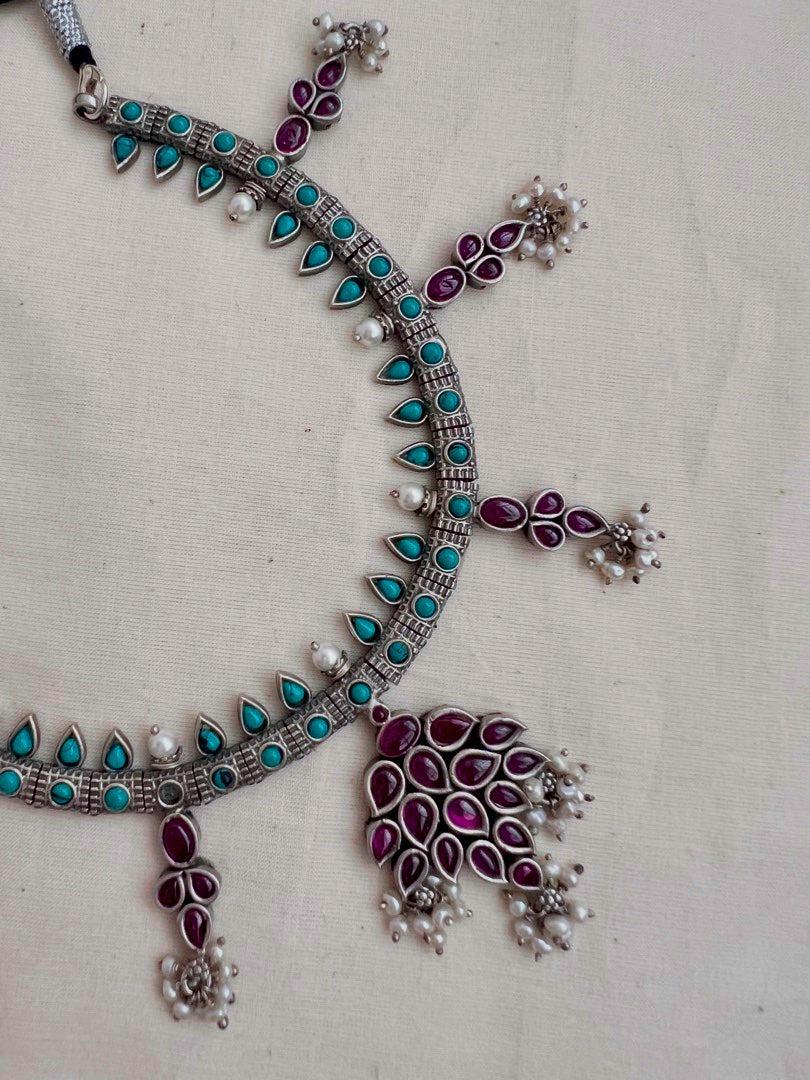 Pink kemp and turquoise necklace with pearls-Silver Neckpiece-CI-House of Taamara