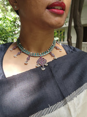 Pink kemp and turquoise necklace with pearls-Silver Neckpiece-CI-House of Taamara